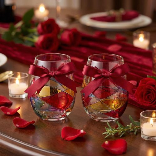 Artisanal Hand Painted Stemless Wine Glasses - Valentines Day Gift, Holiday Gifts for Her, Wife, Mom, Valentine, Renaissance Romantic Stain-glassed Windows, 2 Set - Gifts Idea Birthday, Housewarming