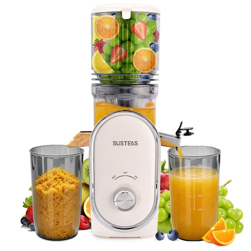 SUSTEAS Cold Press Juicer, 5.3" Feed Chute Slow Masticating Machines with 300W, Fit Whole Fruits & Vegetables, High Juice Yield, Easy to Clean, White