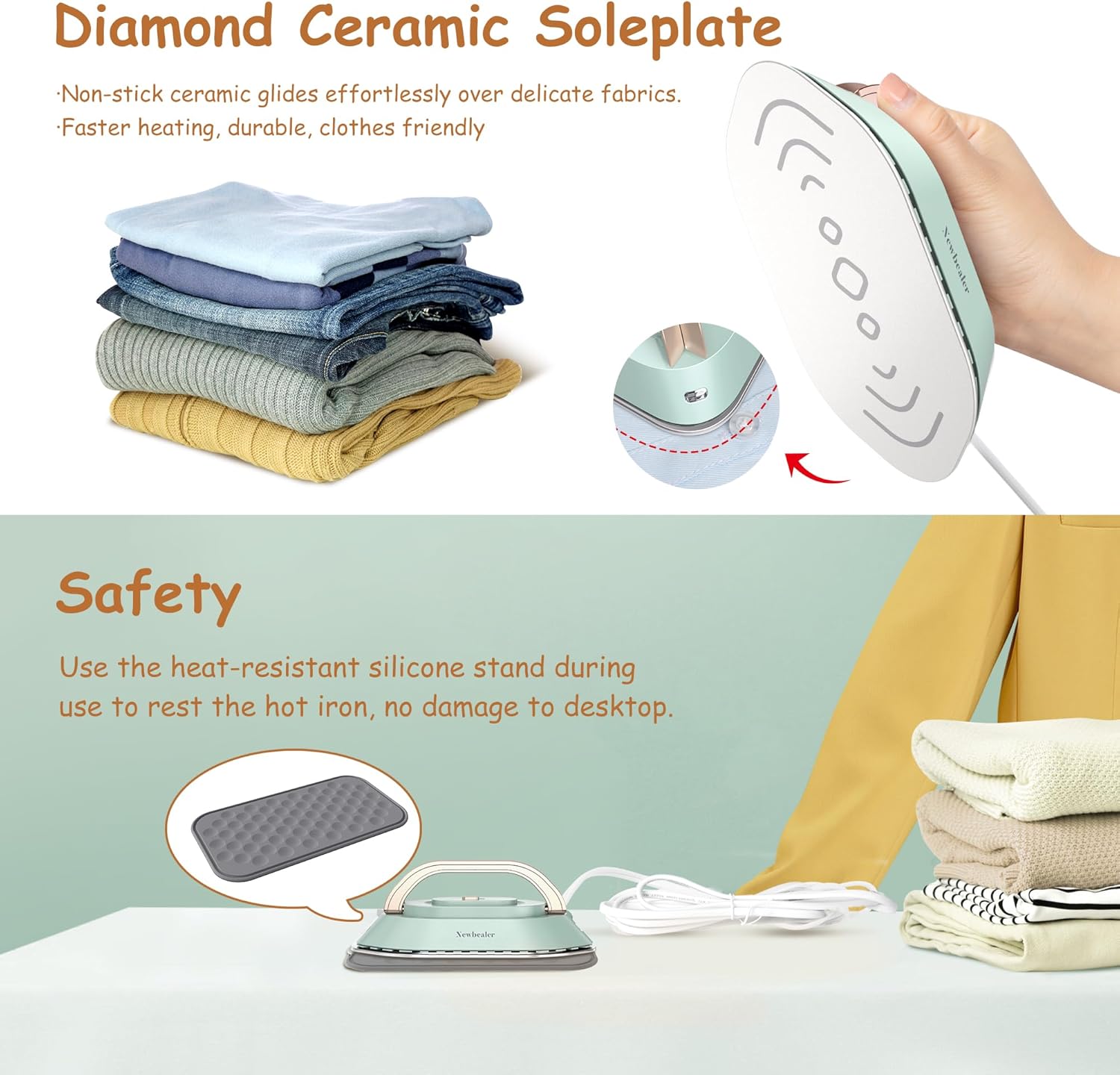 Newbealer Travel Iron - Mini Dry Iron with Global Voltage, 100-240V, 300W, Non-Stick Soleplate | Ultra-Lightweight Green