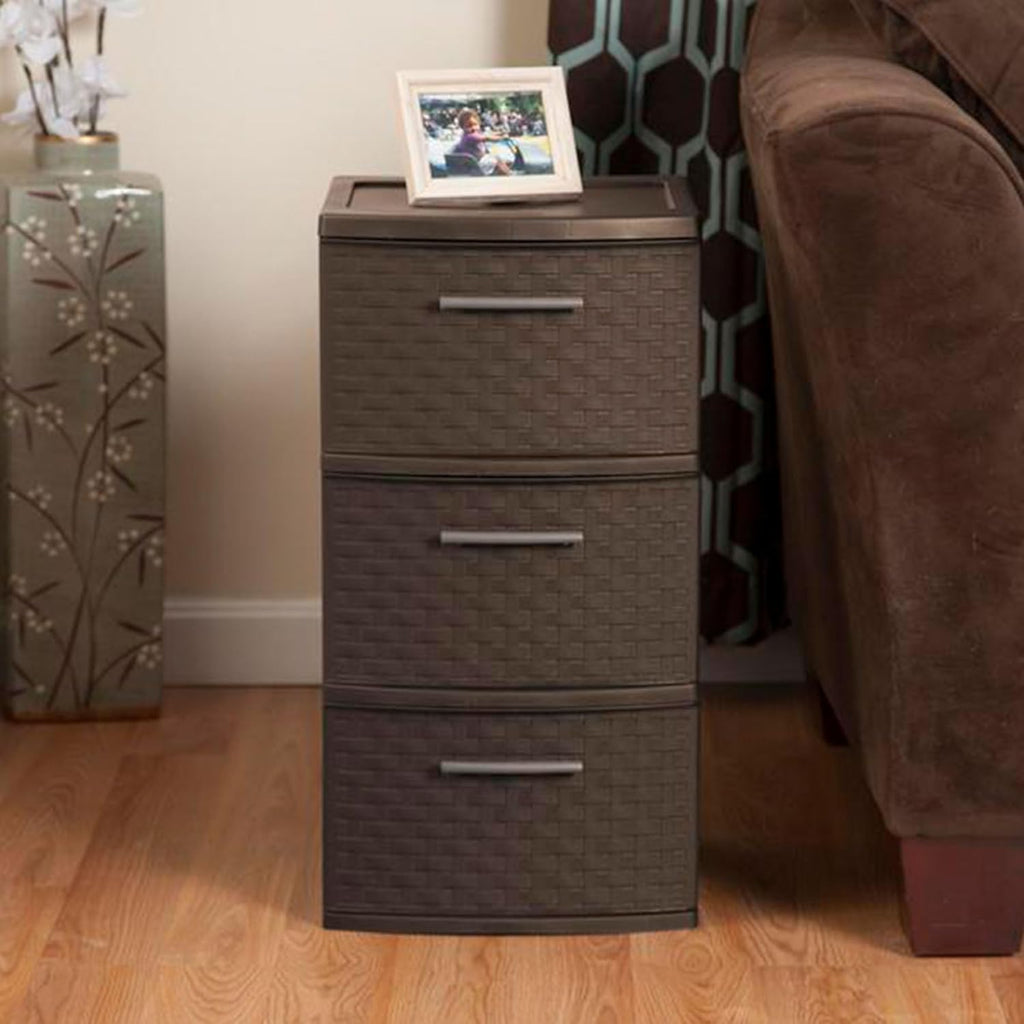 Sterilite 3 Drawer Storage Tower - Decorative Weave Organizer for Dorm, Closet & Craft Room - Espresso Finish