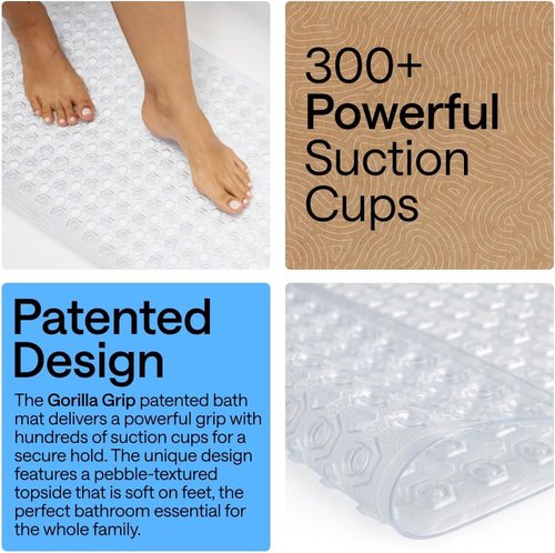 GORILLA GRIP Bath Tub Shower Mat - Machine Washable, Soft & Slip-Resistant, 35x16 Inch, Clear