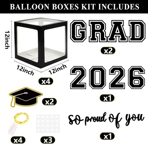 DAZONGE Graduation Decorations 2026 - Black & Gold Set with 4 Grad Boxes, 139pcs Balloon Arch & Lights