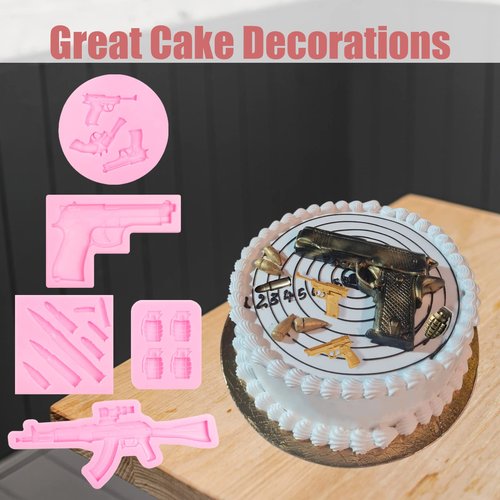Gun Bullet Silicone Molds 5 Pcs, Pistol 3D Machine Gun Grenade Chocolate Fondant Mold for Cake Decoration Candy Sugar Cupcake Topper Polymer Clay Crafts