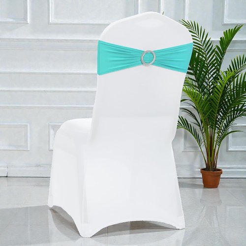 MDS Premium Spandex Chair Sashes - Stretchy Bow Covers with Buckle Slider | 100 Pack - Aqua Blue