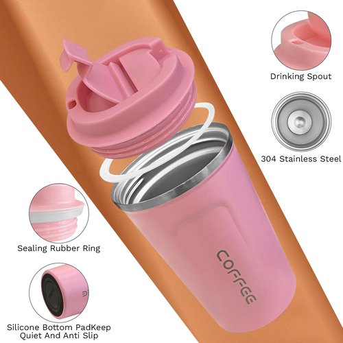 SPLMIFA Travel coffee mugs leak-proof, reusable coffee cups with lids, stainless steel vacuum insulated coffee tumblers, thermal insulation cups for men & women keep drinks hot & cold(2nd-Pink, 12OZ)