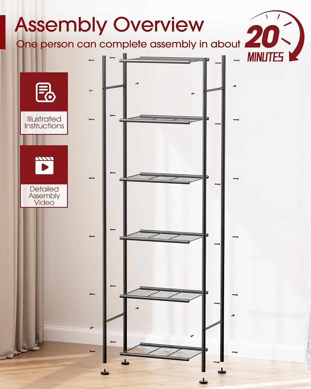 Sakugi 6-Tier Metal Storage Shelves - Slim Organizer with Reinforced Bars for Kitchen & Bathroom | 18.2" x 12.5" x 70.1", Black