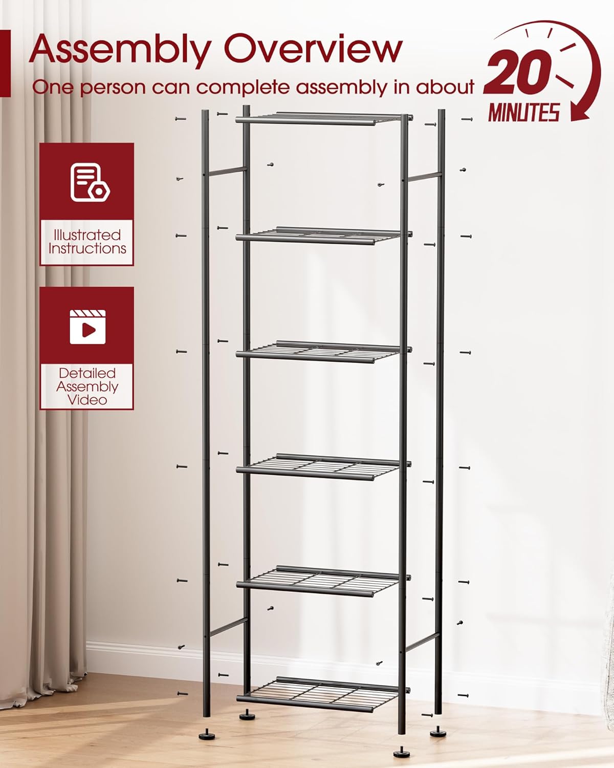 Sakugi 6-Tier Metal Storage Shelves - Slim Organizer with Reinforced Bars for Kitchen & Bathroom | 18.2" x 12.5" x 70.1", Black