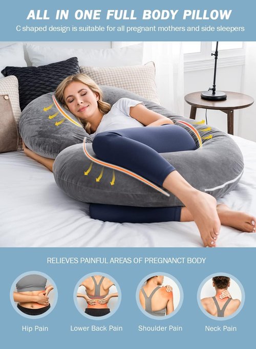 INSEN Pregnancy Pillow - C-Shaped Maternity Pillow with Jersey Cotton Cover | Gray Color