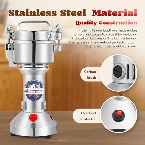 Moongiantgo 250g Safety Grain Mill Grinder 950W High-speed Electric Stainless Steel Dry Spice Grinder Pulverizer for Wheat Corn Rice Pepper Herbs Coffee Beans Dried Mushrooms, 110V