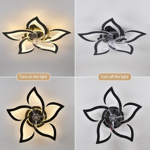 haodengshi 27" Black Geometric Ceiling Fan Lights with Remote, 6 Speeds Adjustable Low Profile Flush Mount Ceiling Fan with Light for Kitchen Bedroom