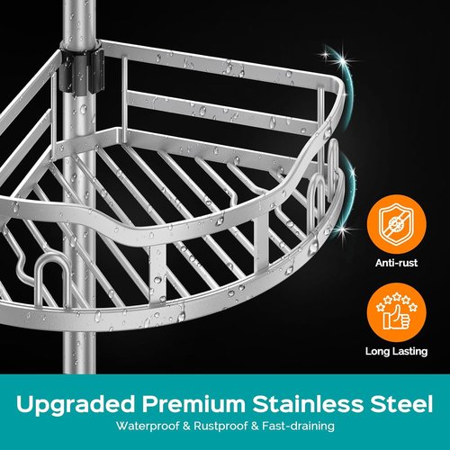 HAMITOR Corner Shower Caddy Tension Pole - Rustproof 4-Tier Bathroom Organizer for Shampoo Storage | Adjustable 47-121 Inch Silver Gray