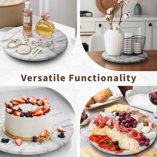 LIUHER Marble Lazy Susan Turntable for Dining Table & Countertop - 12 Inch White Stone Lazy Susan Cake Stand with Smooth 360° Rotation for Kitchen Serving, Food Display & Decorating
