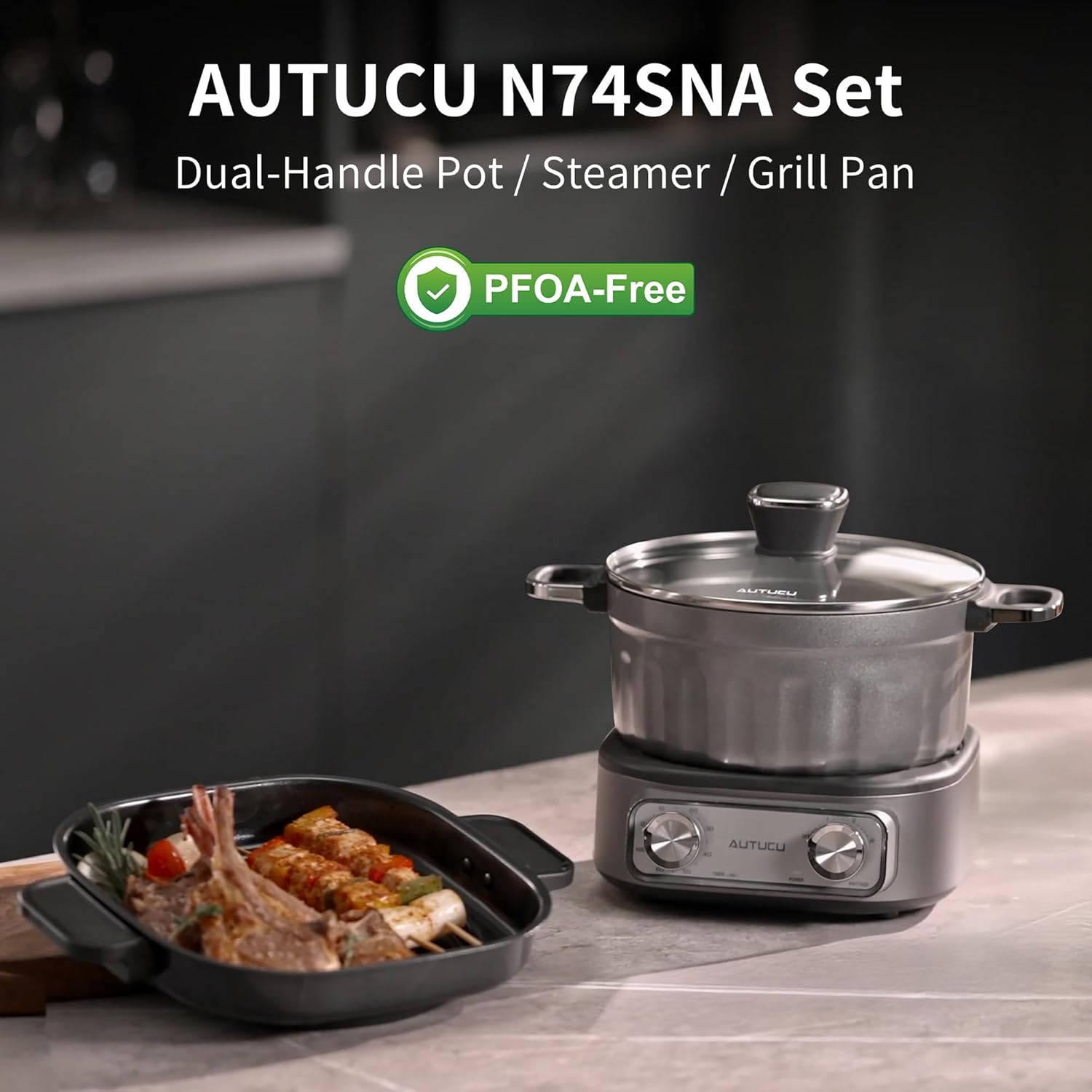 N74SNA Electric Hot Pot Multi-Cooker - 2.5 Quart Nonstick Grill & Steamer Set for Soup, Steak, Ramen
