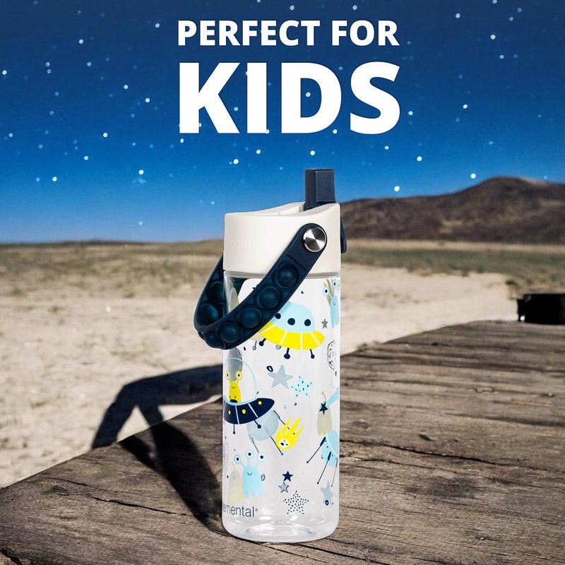 Elemental Water Bottles for Kids - Splash Kids Water Bottle for School with Pop-it Handle - BPA Free Tritan Plastic Water Bottle with Straw Leak Proof when Spout is Closed -Green - 18oz