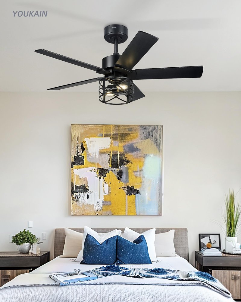 YOUKAIN 42 Inch Ceiling Fan with Lights and Remote, DC Motor 35dB Quiet, Black Farmhouse Ceiling Fan with 5 Reversible Blades for Small Room Bedroom, 42-YJ632-BKW