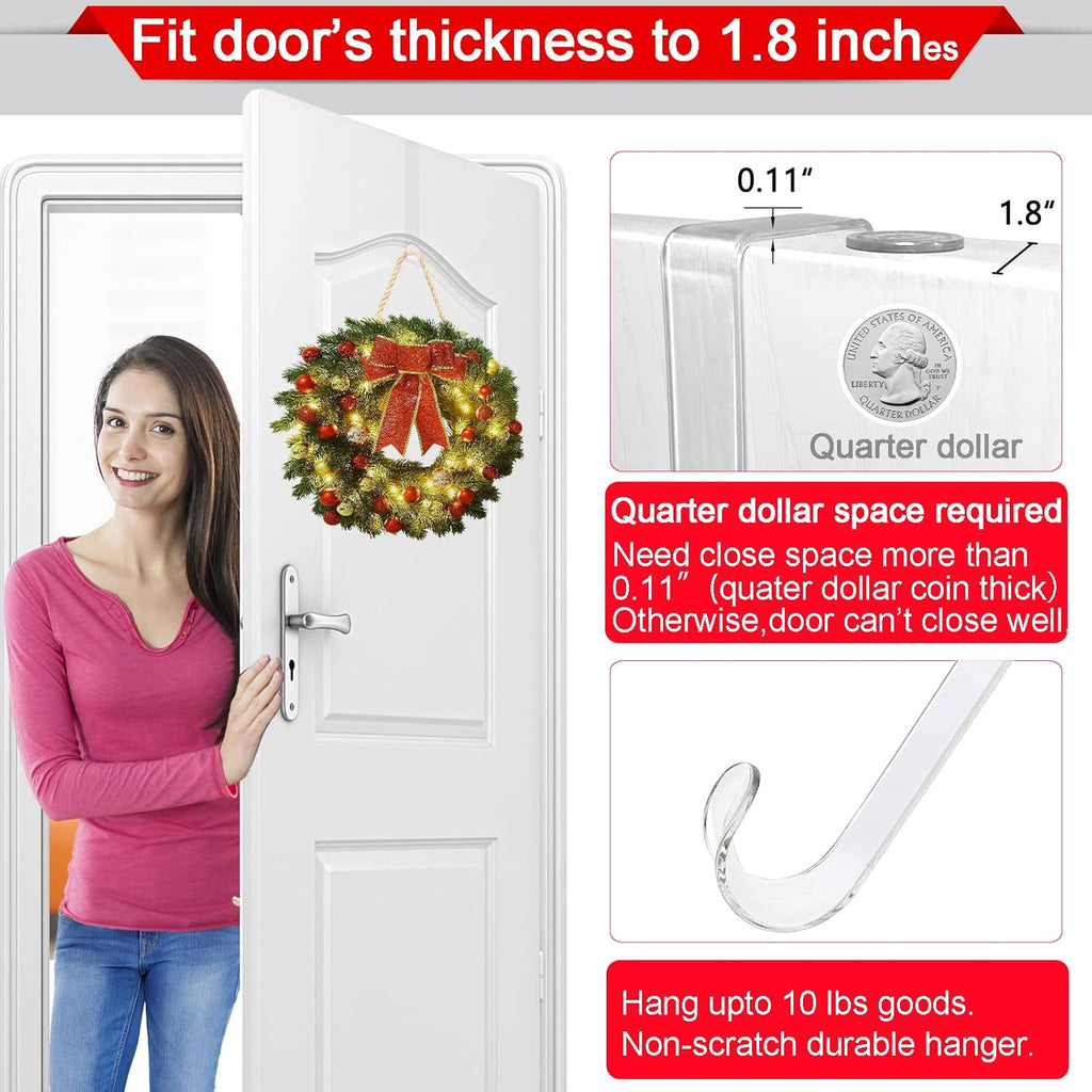 Skiennix Clear Wreath Hanger Hooks - 15 Inch Non-Scratch Over The Door Hooks | 2 Pack for Indoor/Outdoor Decor