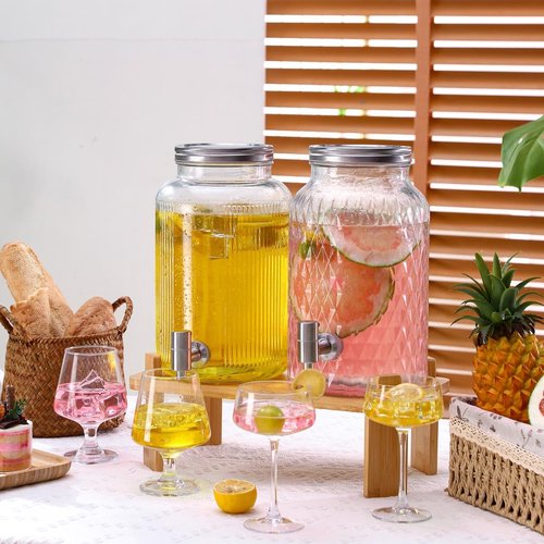 2 PCS Glass Drink Dispenser Set 1.5 Gallon With Stand, Spigot, Large Water Drink Dispensers for Parties for Lemonade, Juice, and Wedding, Bars
