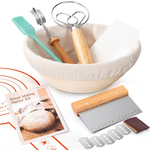 GobiSea Sourdough Starter Kit - Sourdough Bread Baking Supplies - 9" Round Banneton Bread Proofing Basket - Sourdough Bread Making Tools Kit - Baking Gifts