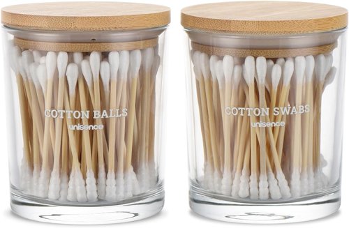 Glass Qtip Holder Set by [Brand Name] - 2 Pack Bathroom Organizer with Lid for Cotton Swabs & Makeup Storage
