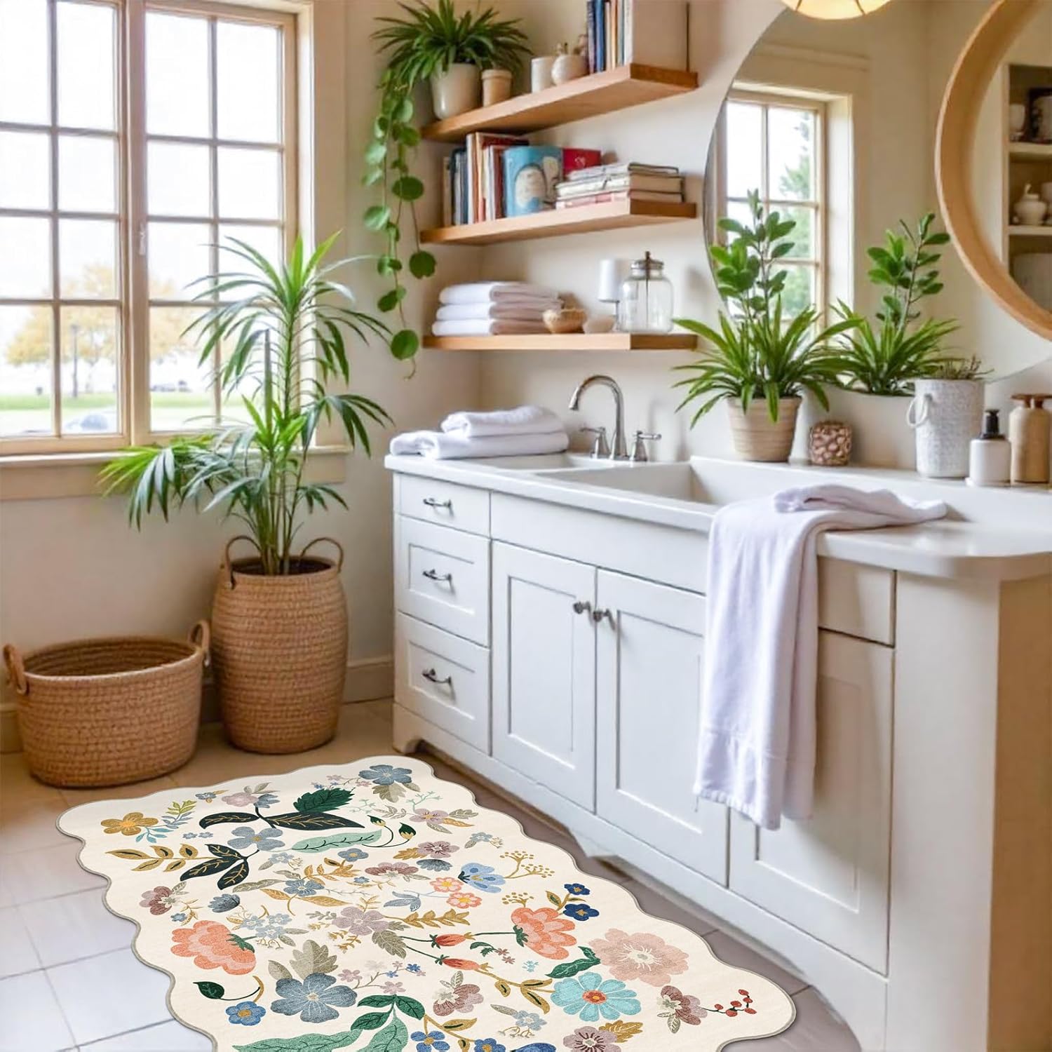 Skiennix Washable 2x3 Entryway Rug - Floral Non-Slip Water-Resistant Carpet for Indoor Use | Soft Cream Mat