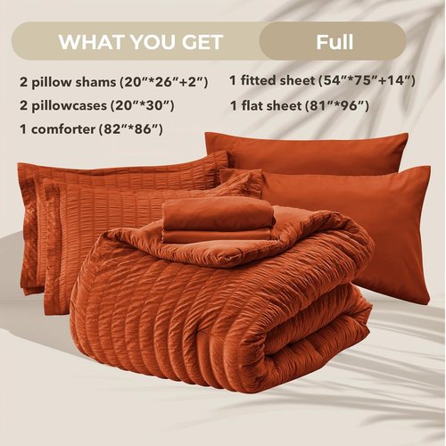 HYMOKEGE Comforter Set - Burnt Orange Seersucker Luxury Bedding | 7-Piece All-Season Full Size Set