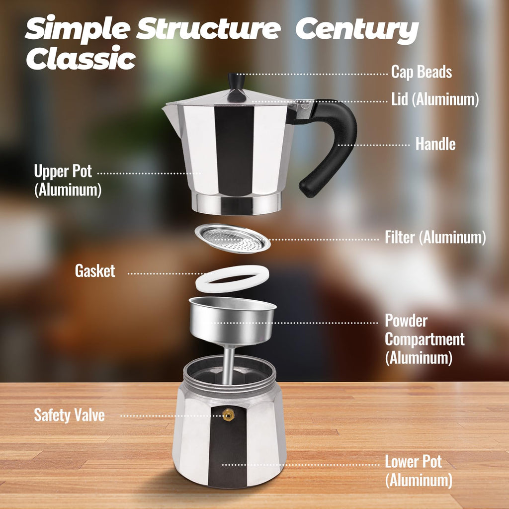 Vaolvpant 2 Cup Aluminum Moka Pot Classic Stovetop Espresso Coffee Maker 100ml 3.4oz Coffeemaker Percolator Mocha Pot Greca Coffee Maker Cafe Makers for Italian and Cuban Café Brewing Silver