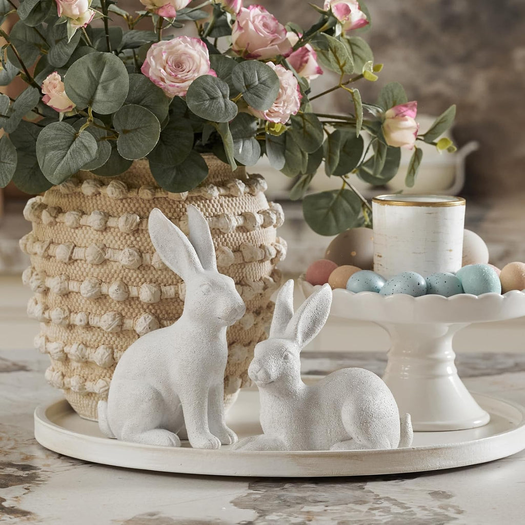 Skiennix White Frosted Resin Bunny Figurines - Set of 2 Decorative Rabbit Statues for Spring Home Decor
