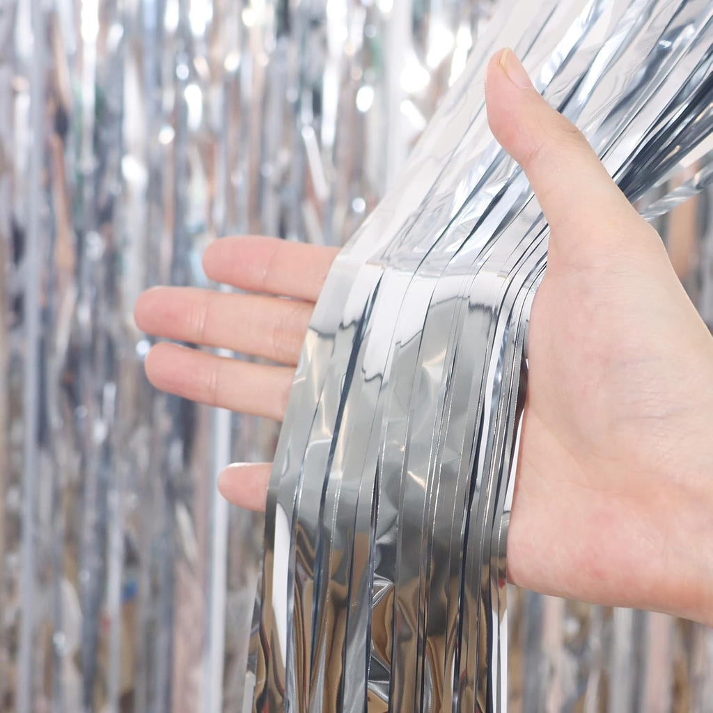 Voircoloria Foil Fringe Backdrop Curtains - 3.3 x 6.6 Ft Tinsel Streamers for Parties | Silver