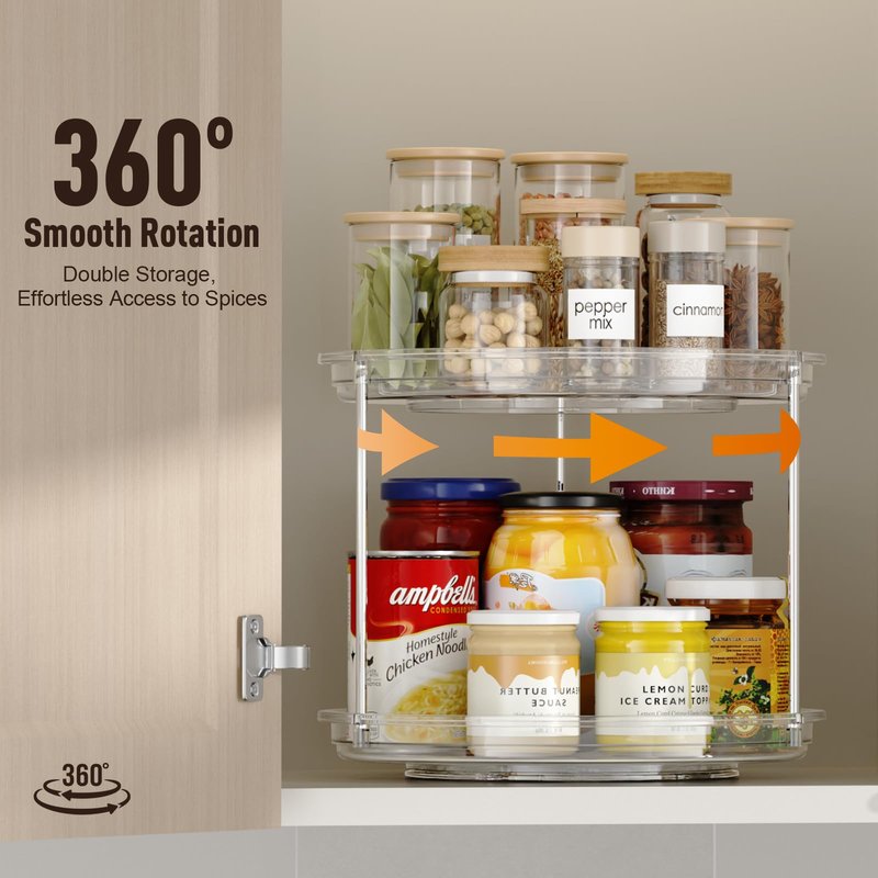 LazySpin 2 Pack 2 Tier Lazy Susan Organizer, 9.25'' Lazy Susan Turntable for Cabinet, Stackable Turntable Organizer Rotating Spice Rack Organization for Kitchen Countertop, Pantry, Bathroom, Clear