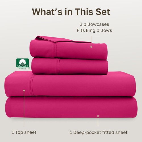California Design Den King Size Cotton Sheet Set - 100% Long Staple Cotton, 400 Thread Count, Silky Sateen Weave, Deep Pockets - Hot Pink