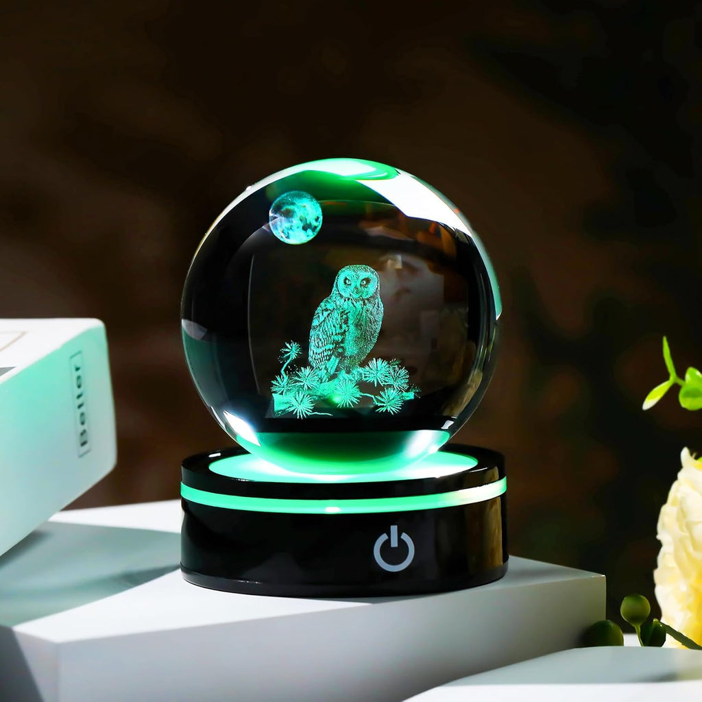 YWHL 3D Owl Figurine - Colorful Light Base Crystal Ball | Unique Gift for Owl Lovers, 80mm