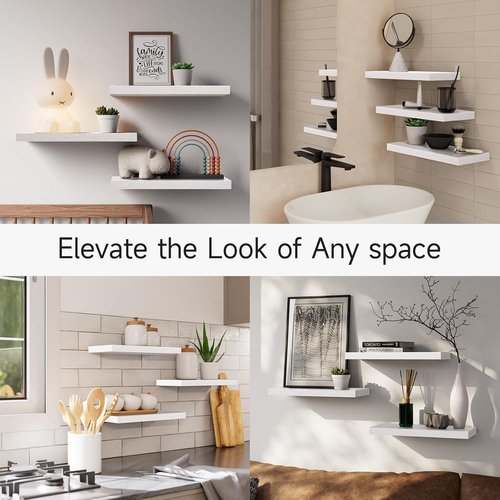 BAYKA Floating Wall Shelves - Rustic Wood Design for Bathroom, Bedroom & Living Room | Set of 3 (White, 15.7in)