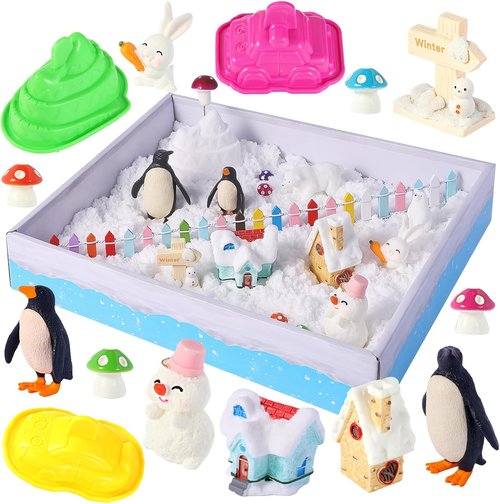 FIIOEOY Snow Sensory Bin - Arctic Animal Figures & Play Sand Art Kit for Kids Ages 3-8