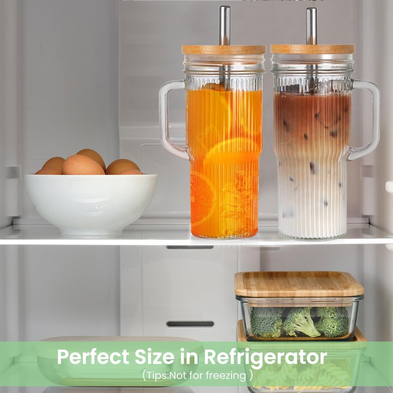 Birity 24oz Ribbed Glass Cup with Lids and Straws,2Pack Glass Tumbler with Handle,Reusable lced Coffee Cups with lids-Glass Cups with Lids,Mason Jar Cup for Smoothie,Coffee,Juice,Water,Tea,Travel Mug