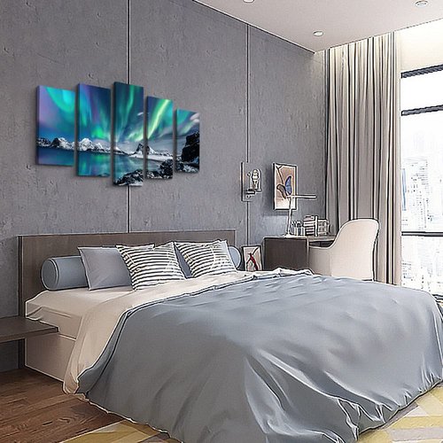Large Canvas Wall Art Set - Blue Aurora Scenery Paintings for Living Room, Bedroom & Office - Modern Canvas Art Prints Ready to Hang - 5 Piece Set