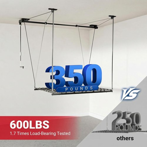 FLEXIMOUNTS Garage Lifting Metal Rack - Adjustable 4x4 Ft Overhead Storage System | Heavy-Duty 350lbs Capacity, Satin Black