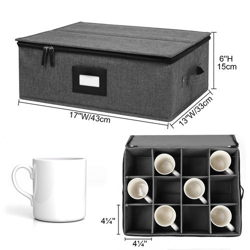 Mug Storage Box with Dividers, China Storage Containers for Tea Cups and Coffee Mugs with Zipper Lid and Rivet Reinforced Handles, Hard Shell and Stackable (Black)