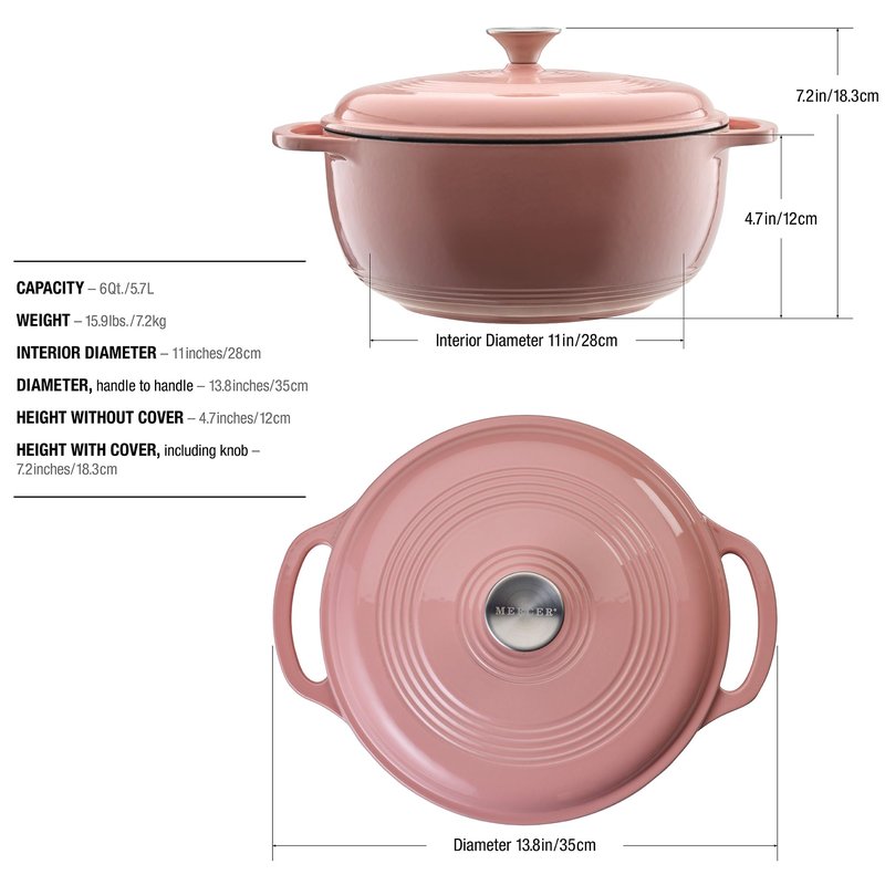 Mercer Culinary Enameled Cast Iron Round Dutch Oven, 6 qt., Pink
