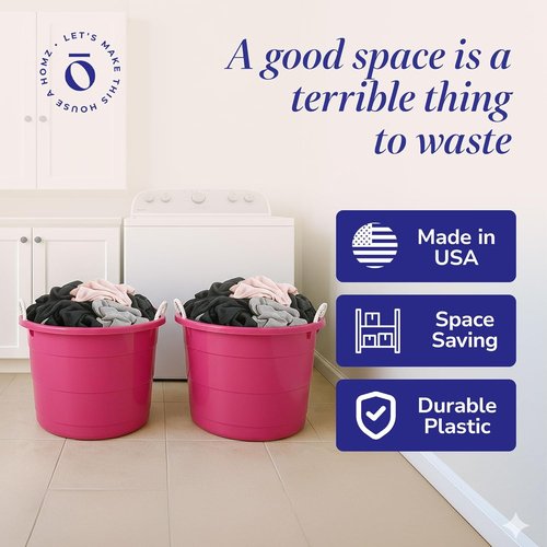 HOMZ 18 Gallon Utility Tub - Large Pink Plastic Storage Bucket with Rope Handles for Indoor & Outdoor Use