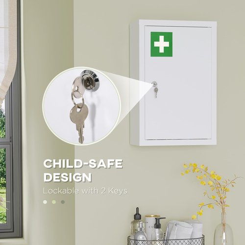 kleankin 12" x 18" Wall Medicine Cabinet with Lock, 3 Tier Steel Locking Wall Cabinet for Bathroom, Kitchen with 2 Keys, White