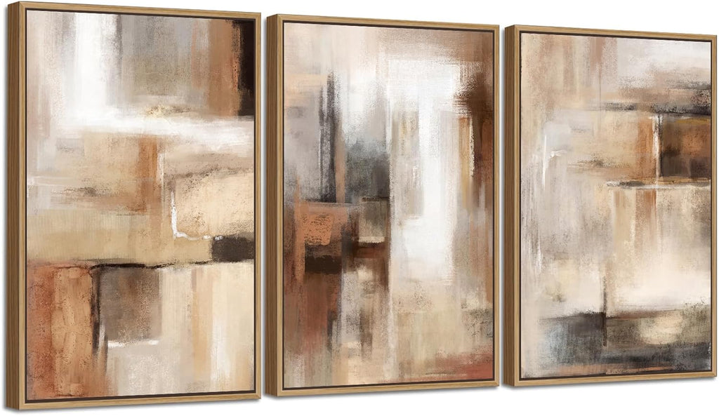Natural Float Framed Canvas Wall Art by Large Framed | Brown Abstract Paintings for Living Room Decor - Set of 3, 48" X 24"