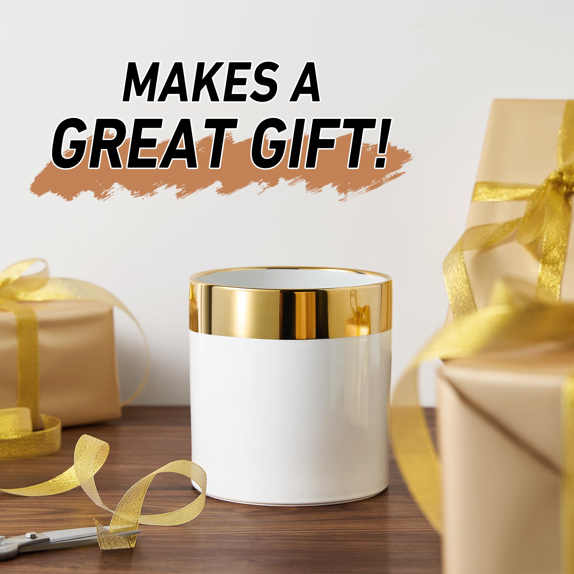 Modern Ceramic Kitchen Utensil Holder - White with Gold Rim with Non-Slip Base - Elegant Caddy for Cooking Tools and Serveware