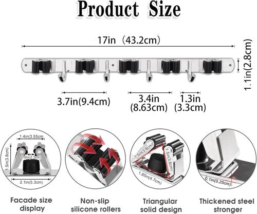 AceMining Mop and Broom Holder - 5 Racks & 4 Heavy-Duty Hooks | Wall-Mounted Organizer for Home & Garage