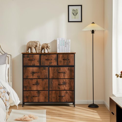 OLIXIS Dresser for Bedroom, Drawer Dresser Organizer Storage Fabric Storage Tower, Chest of Drawers with 9 Easy Pull Fabric Bins, Steel Frame, Wood Top for Living Room, Closet, Entryway, Hallway