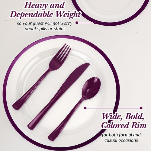 Roshtia 300 Pcs Plastic Dinnerware Set for 50 Guests, Clear Plastic Plates with Rim, Include Disposable Plates, Cups, Knives, Forks and Spoons for Birthday Wedding Party(Purple)
