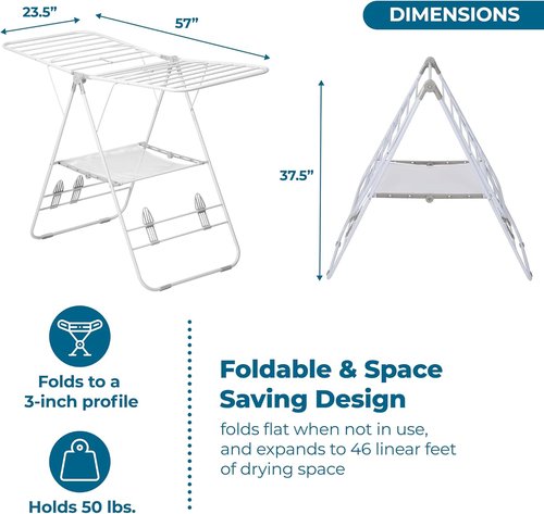 Honey-Can-Do Heavy-Duty Foldable Laundry Drying Rack - Portable Indoor/Outdoor Clothes & Shoes Rack, 50lb Capacity, Space-Saving Design, White