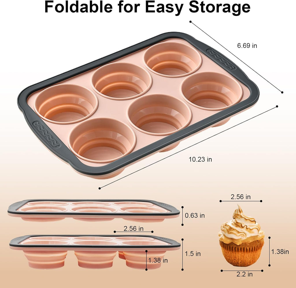 Skiennix Silicone Muffin Pan - Nonstick 6-Cup Baking Molds with Metal Frame | BPA Free & Dishwasher Safe, Pink