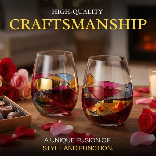 Artisanal Hand Painted Stemless Wine Glasses - Valentines Day Gift, Holiday Gifts for Her, Wife, Mom, Valentine, Renaissance Romantic Stain-glassed Windows, 2 Set - Gifts Idea Birthday, Housewarming
