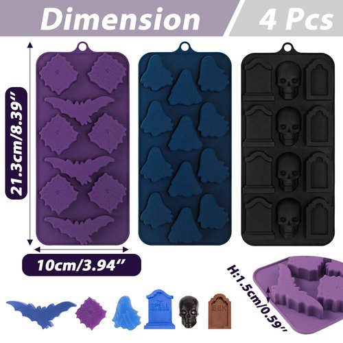 Webake Halloween Chocolate Mold Shaped with Pumpkin Jack-O-Lantern, Skull, Tombstone, Ghost, Bat and Spider, Halloween Silicone Molds for Chocolate, Candy, Ice Cube, Jello, Soap, Pack of 4