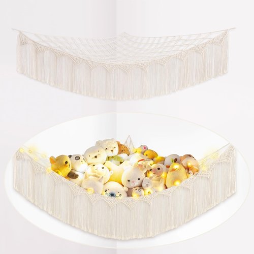 Mkono Stuffed Animal Hammock Corner Macrame Toy Storage Organizer with Lights and Tassels Boho Hanging Stuff Animals Net Large Capability Toys Display Holder for Nursery Kid Room Playroom, 1 piece